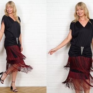 80s Flapper Dress Vintage Deco Red Fringe Draped Slouchy Beaded Dropwaist V neckline S M
