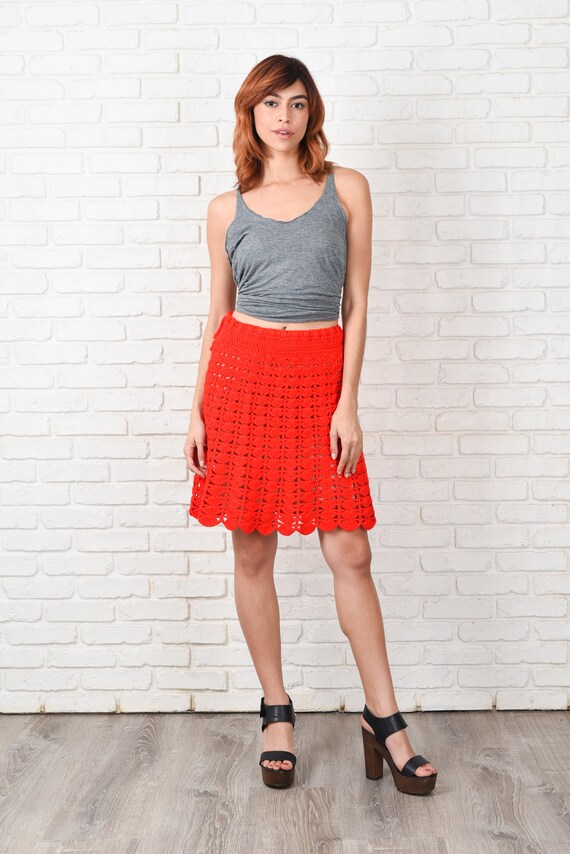 Vintage 70s Red Mod Crochet Knit Skirt Cutout She… - image 2