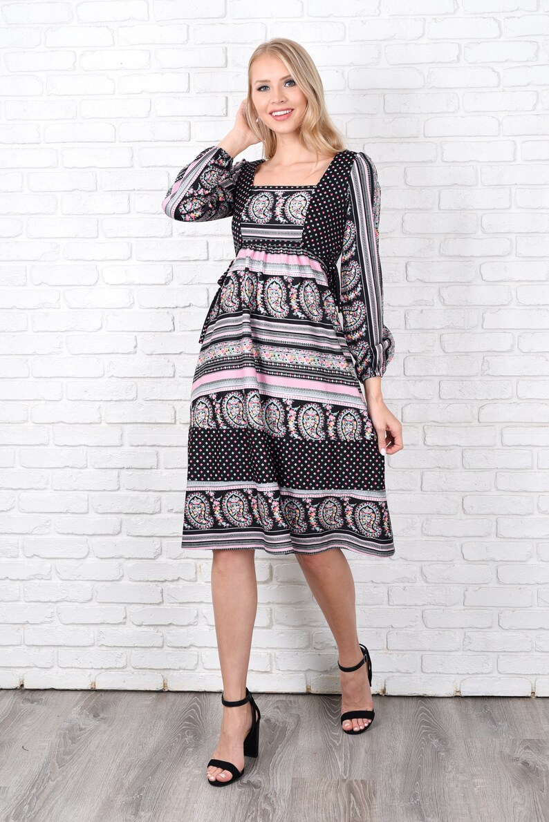 Vintage 70s Pink Paisley Dress Geometric Striped Midi Boho Small S 12133