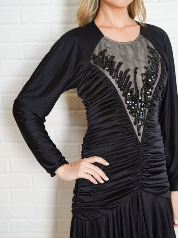 Vintage 80s Black Draped Dress Sequin Open Back X… - image 7