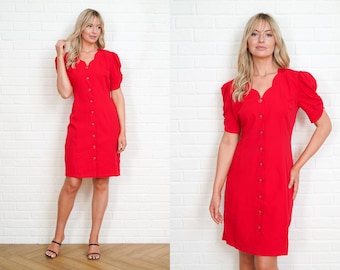 Vintage 80s red puff sleeve scalloped secretary dress