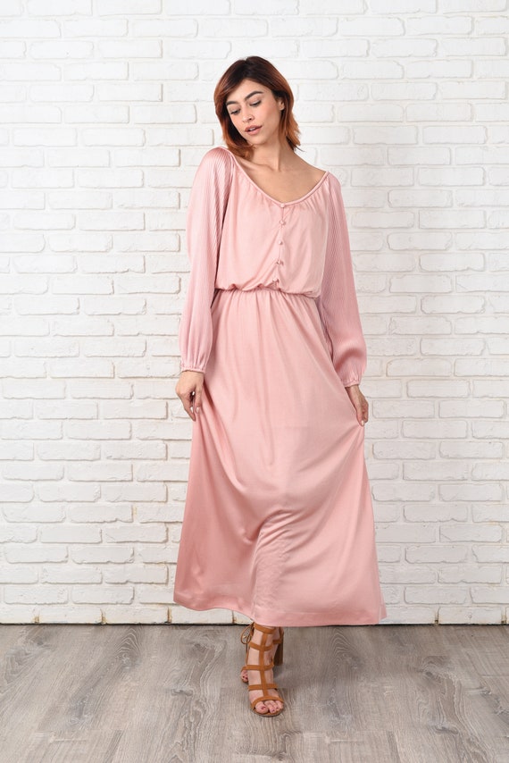 Vintage 70s Pink Boho Dress Maxi Slouchy Draped F… - image 2