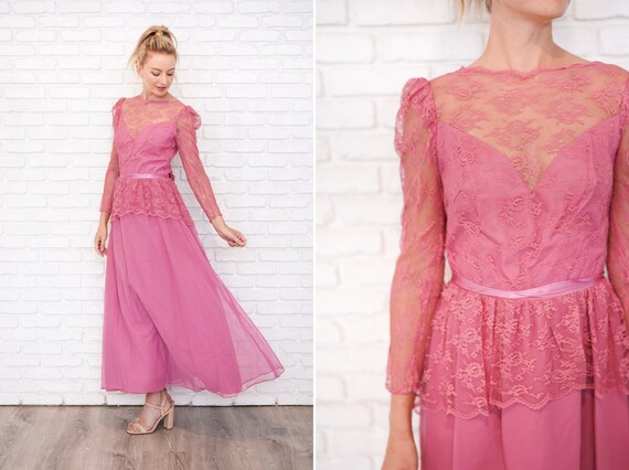 Vintage 70s Pink Peplum Maxi Dress Victorian Puff