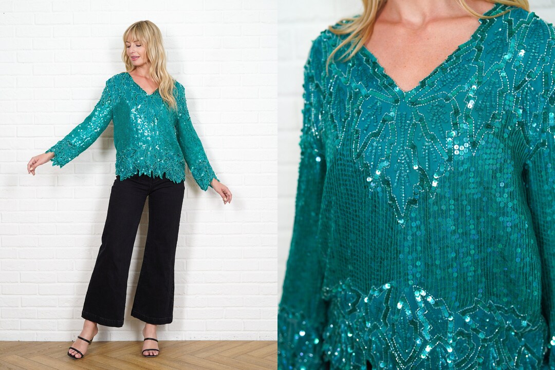 Vintage 80s Boxy Oversized Sequin Blouse Black Silver 8 10 12
