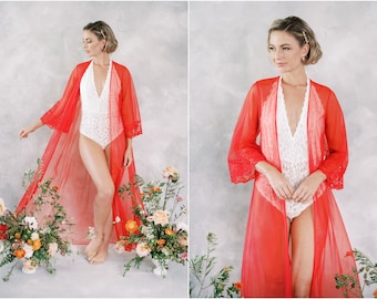 Vintage 80s Red Nightgown Lingerie Bridal Kimono Robe Boudoir XS S Lace