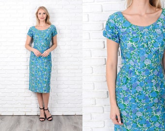 Vintage 60s Blue + Green Dress Bow Floral Print Cocktail Party Small S 12123