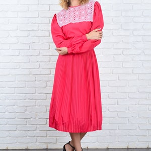 80s Pink Pleated Dress Vintage Slouchy Draped Cutout Lace Bib Collar Medium M image 3