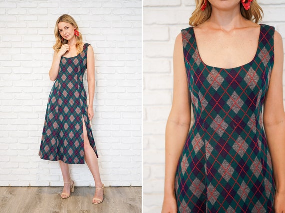 Vintage 60s 70s Green Plaid Dress Sleeveless A Lin