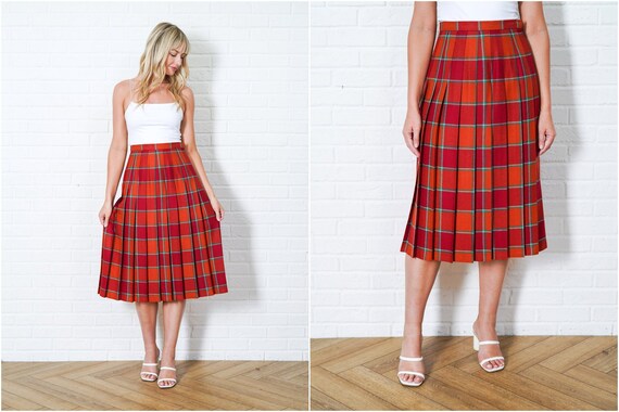 Vintage 70s Red Orange Plaid Wool Skirt Geo Check Striped A Line High Waist Small S Etsy