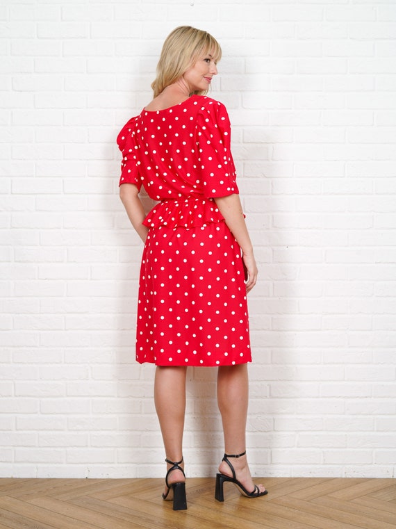 80s Polka Dot Dress Vintage Puff Sleeve Peplum Re… - image 5