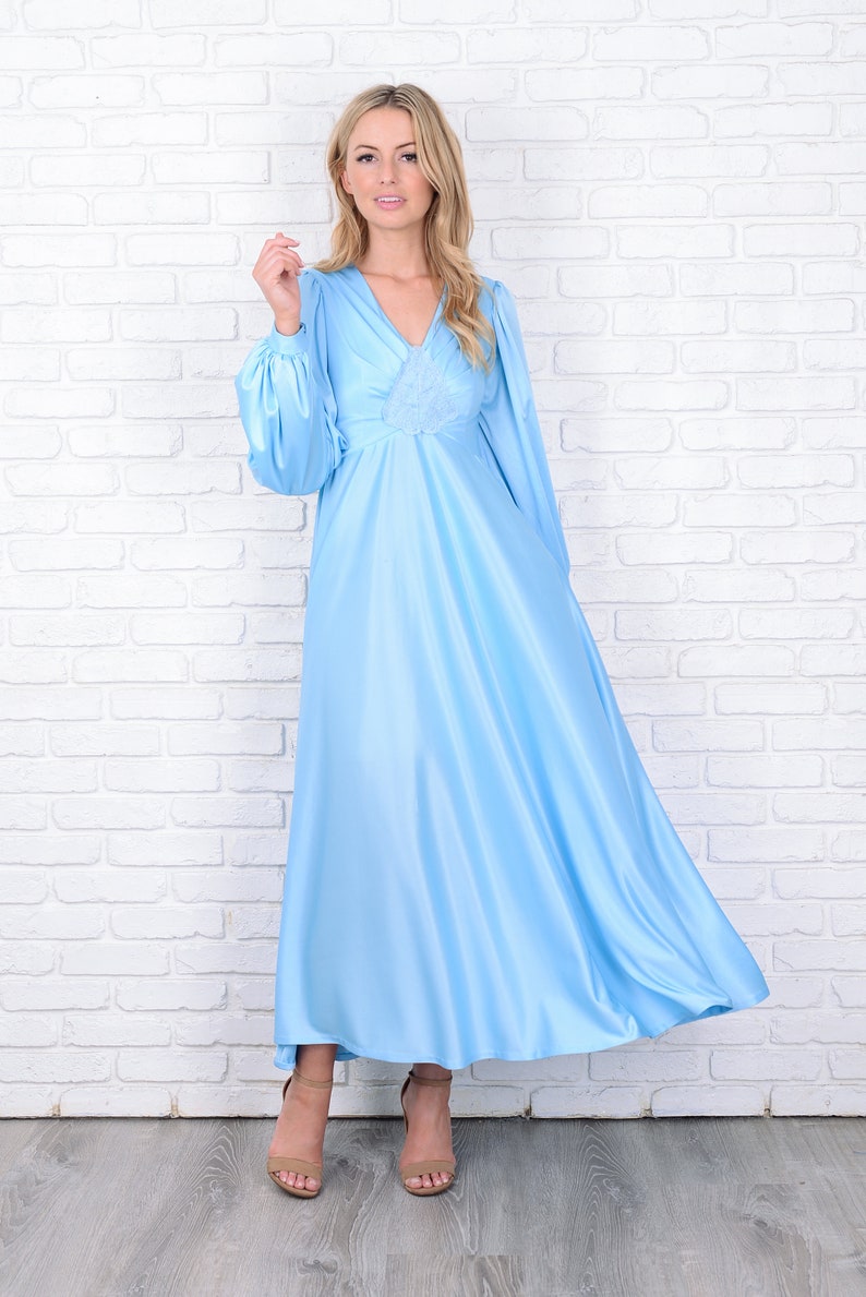 Vintage 70s Blue Boho Dress Lace Plunging Pleat A Line Maxi XS | Etsy