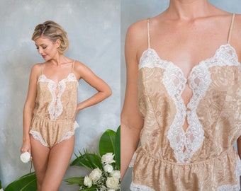 Vintage 90s Beige Plunging Satin Sheer Lace Teddie Teddy Lingerie Romper Boudoir Bridal Ruffle Medium Floral Strappy