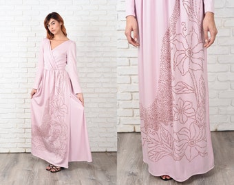 Vintage 70s Pink Boho Hippie Dress Flower Glitter Plunging Maxi Medium M 11339