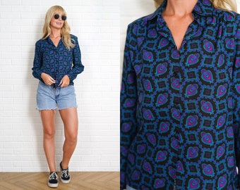 80s Paisley Print Top Vintage Shirt Blouse Blue Green Long Sleeve Button Down Medium M