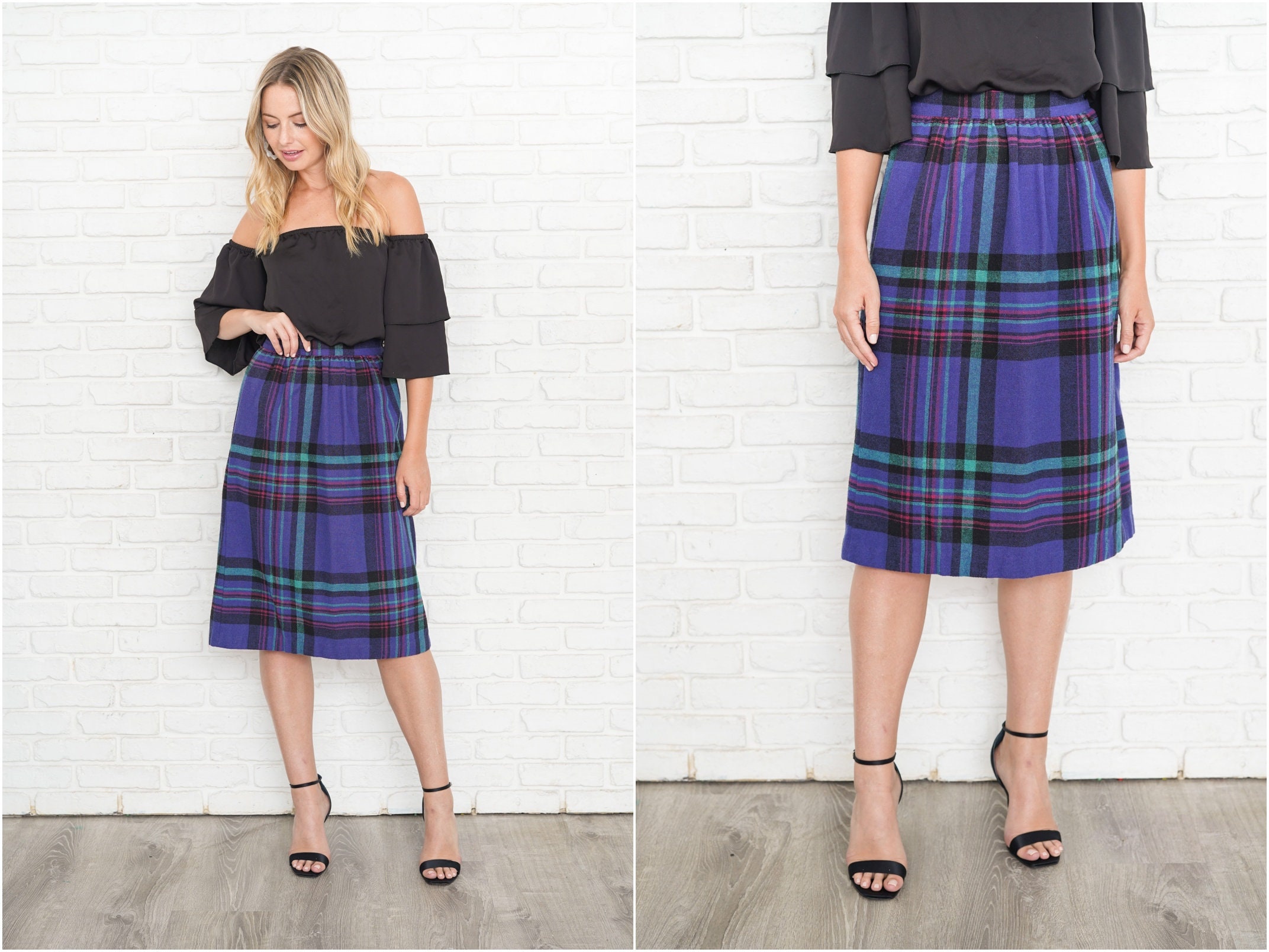 Vintage 70s Blue Purple Plaid Skirt High Waist Striped Small S