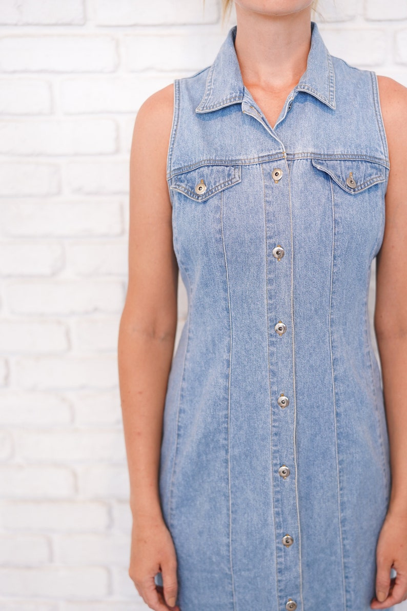 Vintage 90s Blue Jean Midi Dress Denim Shirtdress Sleeveless Shirt Dress Medium