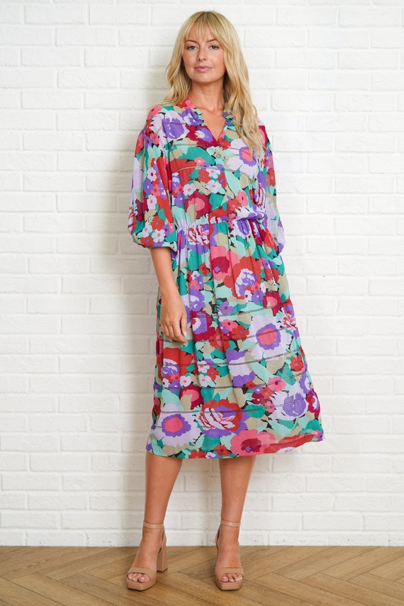 80s Bold Floral Print Dress Vintage Blouson Slouc… - image 6
