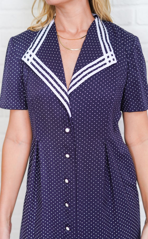 80s Navy Blue Dress Vintage Polka Dot Striped Sec… - image 8