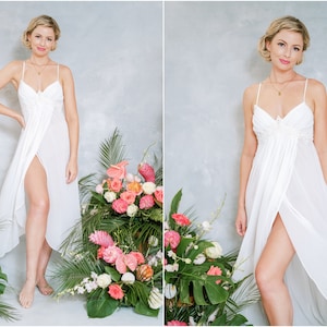 Vintage 90s white sheer pleated nightgown bridal boudoir lingerie slip dress nighty negligee slit