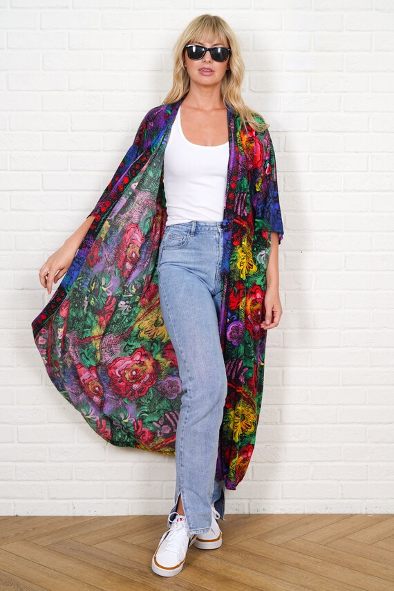 90s Bold Floral Print Coat Vintage Abstract Graff… - image 3