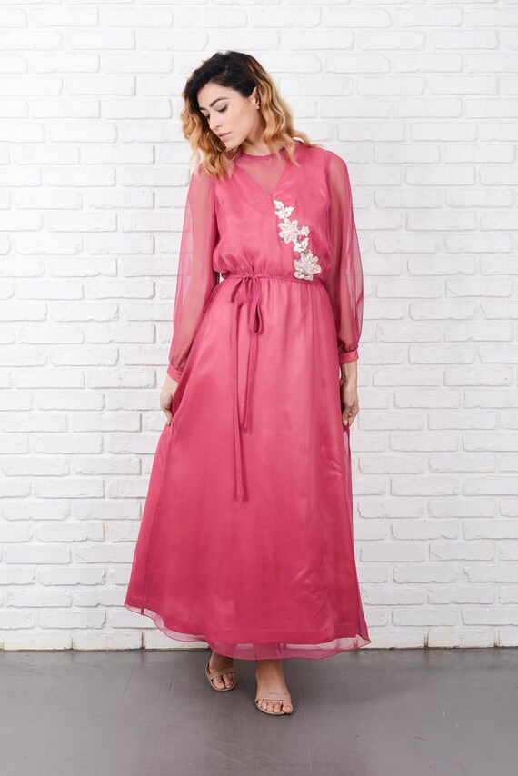 Pink Boho Dress Vintage 70s Sequin Floral Beaded … - image 5