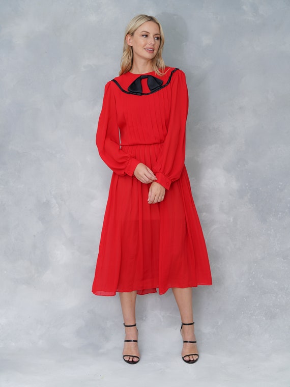 Vintage 80s Red Retro Dress Secretary Puff Sleeve… - image 2