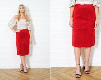 Vintage 80s Red High Waist Skirt Ultrasuede Faux Suede Straight Medium M