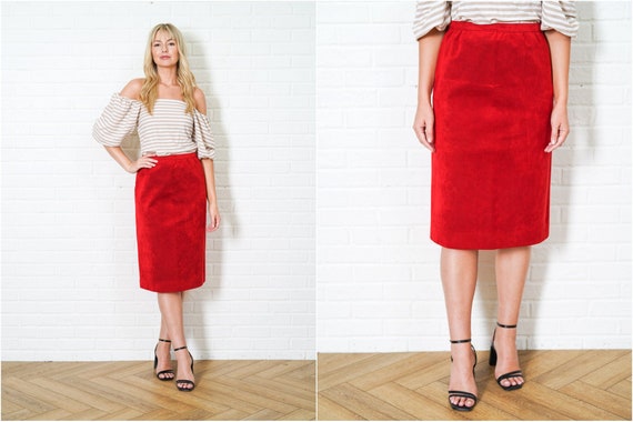 Vintage 80s Red High Waist Skirt Ultrasuede Faux … - image 1