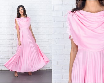 Vintage 70s Pink Draped Maxi Dress Cape Floral lace Pleated Boho XS Small S 7373 vintage dress 70s dress pink dress maxi dress xs dress