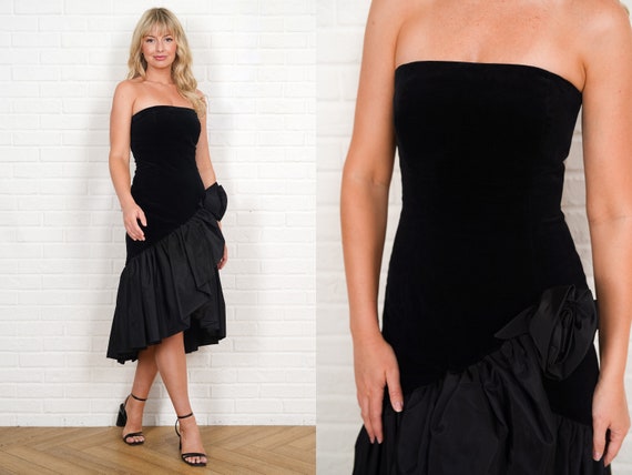 80s Black Velvet Dress Travilla Vintage Strapless… - image 1