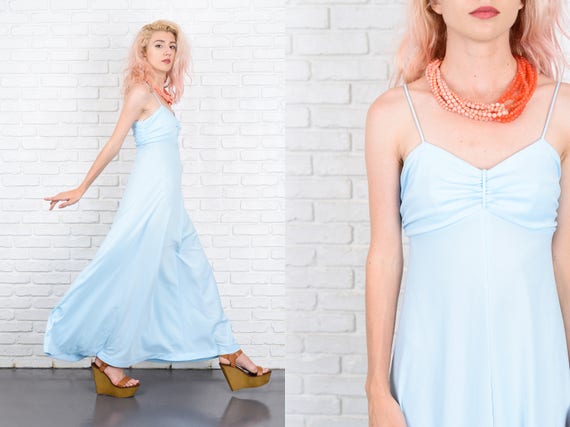 Vintage 70s Sky Blue Maxi Dress Boho Sweetheart H… - image 1