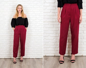 Vintage 90s Red High Waist Pants Trousers Pleated Straight Small S