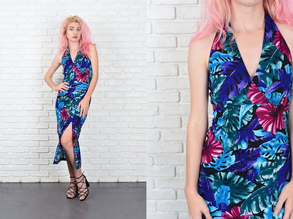 Vintage 80s Floral Leaf Print Dress Halter Open Ba