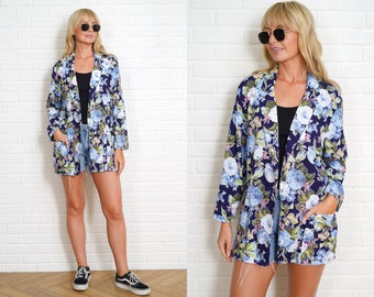 90s Navy Blue Floral Print Jacket Vintage Blazer Flower Oversize Small Medium Large