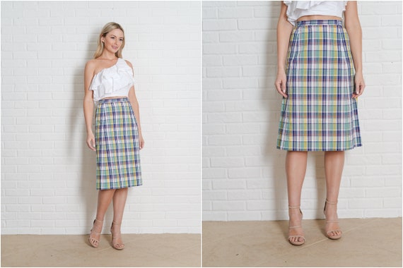 Vintage 70s 80s Plaid Print Skirt Blue + Green A … - image 1