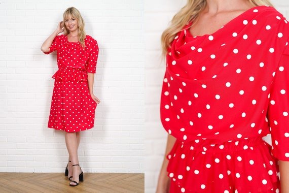 80s Polka Dot Dress Vintage Puff Sleeve Peplum Re… - image 1