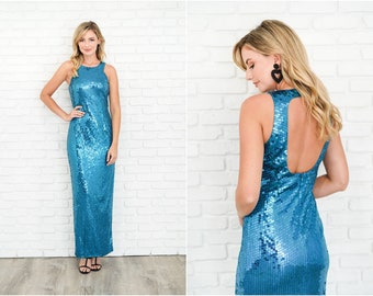 Vintage 80s Teal Sequin Party Dress Cutout Open Back Sleeve Cocktail Small S