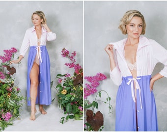 Vintage 70s Purple + Pink Colorblock Peignoir Robe Nightgown Lingerie Slip Dress Gown S M