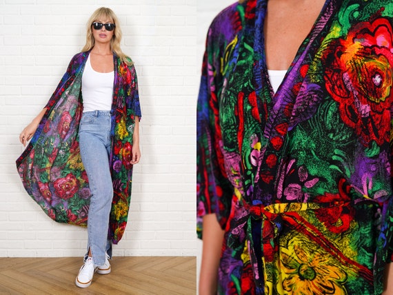 90s Bold Floral Print Coat Vintage Abstract Graff… - image 1