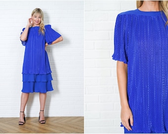 Vintage 70s 80s Blue Tiered Dress Flutter Angel Sleeve XL
