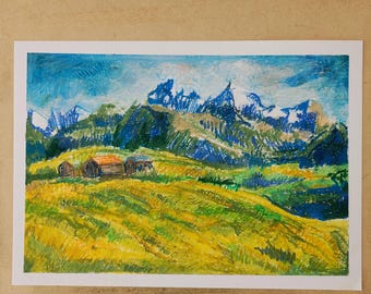 Originele tekening van een berglandschap gemaakt met oliekrijt | Origineel A4-kunstwerk | Traditionele kunst