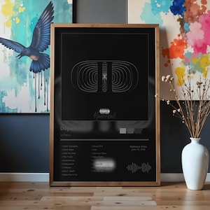 May include: A framed black poster with the word "Dopamine" and the artist's name, Lil Tecca, in white text. The poster features a white, abstract design and a list of song titles. The release date is June 13, 2025. The frame is a light brown colour.