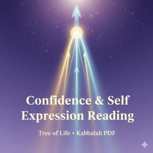 Peut inclure: Graphique numérique avec un fond dégradé violet et bleu. L'image présente une lumière vive avec des flèches et des rayons de lumière. Le texte indique "Lecture de la confiance et de l'expression de soi" et "Arbre de vie • Kabbale PDF."