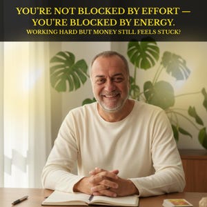 Puede incluir: Un hombre sonriente con una camisa de manga larga color crema está sentado en un escritorio de madera con un cuaderno y un bolígrafo. El texto en la parte superior dice: "YOU'RE NOT BLOCKED BY EFFORT - YOU'RE BLOCKED BY ENERGY. WORKING HARD BUT MONEY STILL FEELS STUCK?"