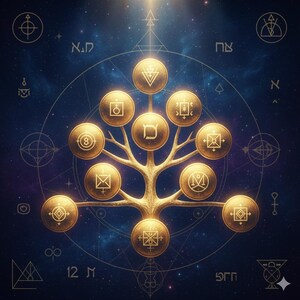 May include: A digital illustration of a golden tree with circular symbols and geometric shapes against a dark blue starry background. The tree's branches hold ten golden circles, each with a unique symbol. Additional symbols and shapes surround the tree.