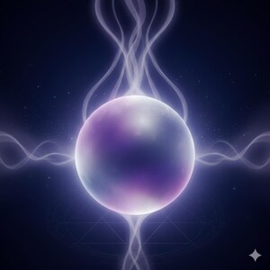 May include: A glowing, spherical object with a gradient of purple and white hues, set against a dark blue background. Wispy, light-colored energy emanates from the sphere, creating a mystical and ethereal effect. The image has a celestial or fantasy theme.