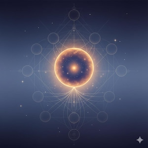 May include: Digital artwork showing a radiant orange and blue celestial sphere at the centre, encircled by interconnected circles and lines against a gradient blue backdrop. The design suggests themes of spirituality and cosmic energy.