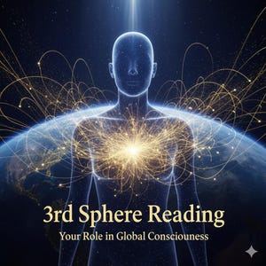Puede incluir: Obra de arte digital que presenta una figura humana brillante con una luz brillante que emana del pecho. La figura está superpuesta a una representación de la Tierra y un fondo estrellado. El texto dice "3rd Sphere Reading: Your Role in Global Consciousness."