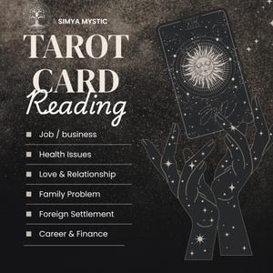 May include: An advertisement for a tarot card reading service. The image features the text "TAROT CARD Reading" with a list of topics including job, health, and relationships. A tarot card with a sun design is held by illustrated hands against a dark background.