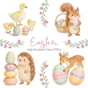 May include: Watercolor illustration featuring Easter-themed clipart. Includes a duck family with decorated eggs, a squirrel with a basket of eggs, a hedgehog with stacked eggs, and a deer with eggs. The word "Easter" is written in cursive.